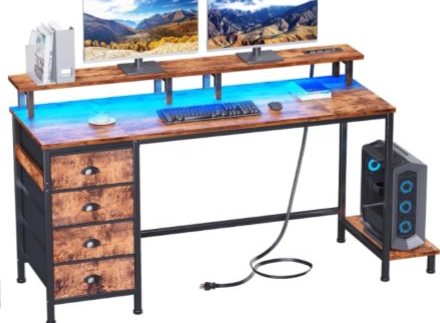 LED Computer Desk with 4 Drawers and Dual-Sided Monitor Stand