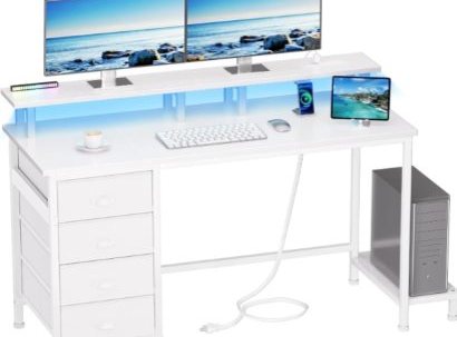 LED Computer Desk with 4 Drawers and Dual-Sided Monitor Stand