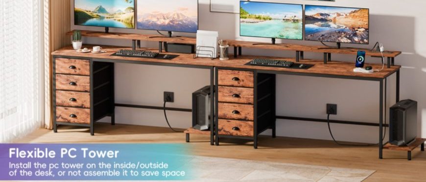 LED Computer Desk with 4 Drawers and Dual-Sided Monitor Stand
