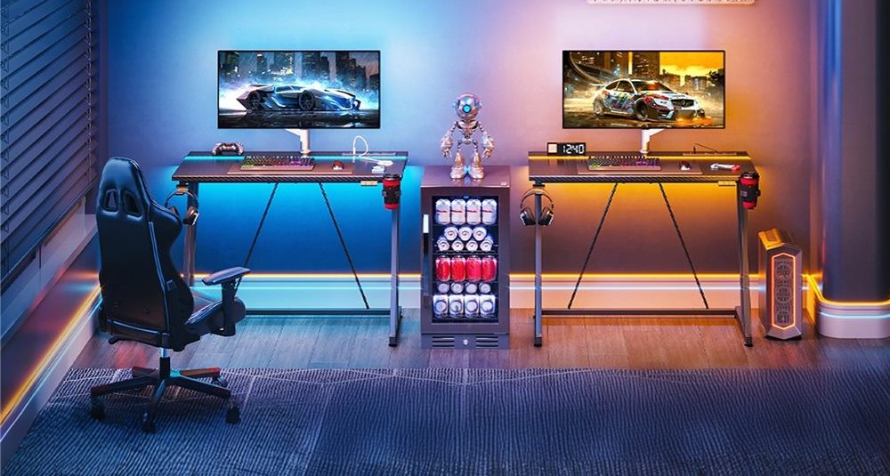 LED Gaming Desk with Z-Shaped Legs and Carbon Fiber Texture