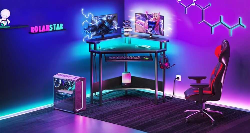 LED Corner Computer Desk with Keyboard Tray and Monitor Shelf
