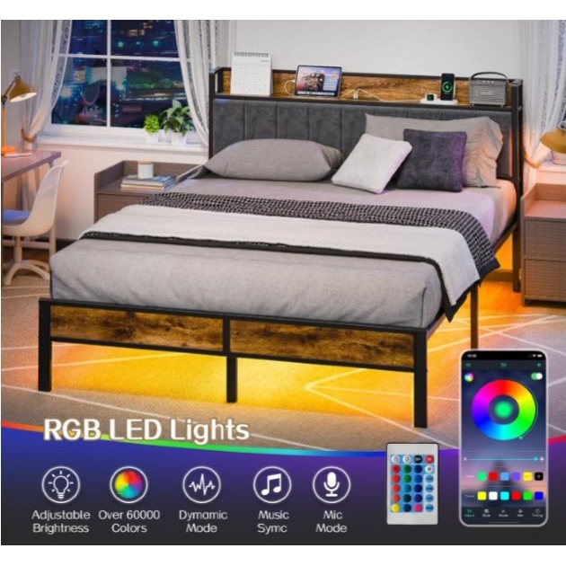 RGB LED Metal Bed Frame with Charging Station Headboard