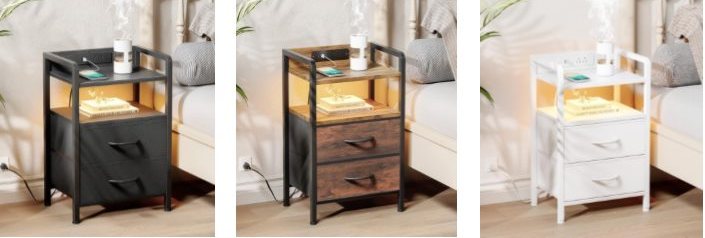 LED Nightstand with 2 Drawers and Charging Station