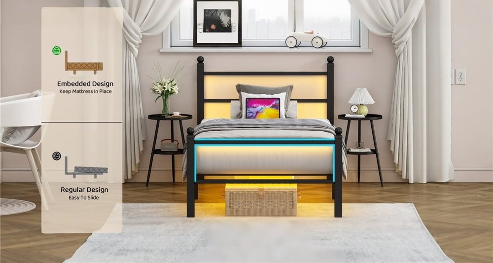 LED Metal Bed Frame with Lighted Headboard and USB Charging