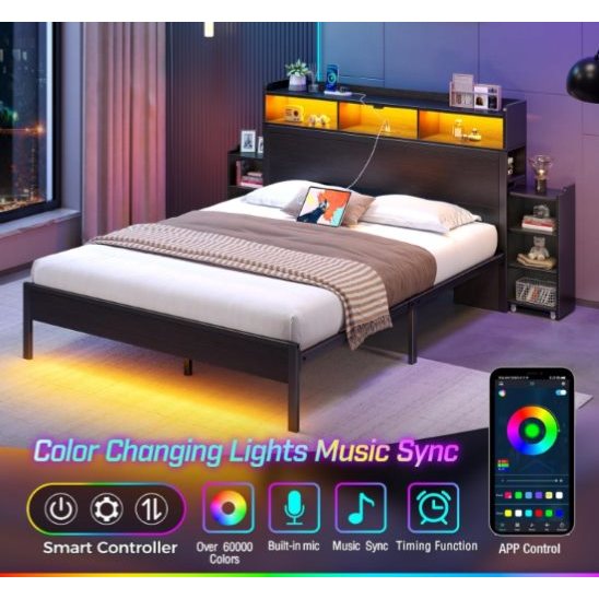 LED Bed Frame with Bookcase Headboard and Pull-Out Storage Cabinets