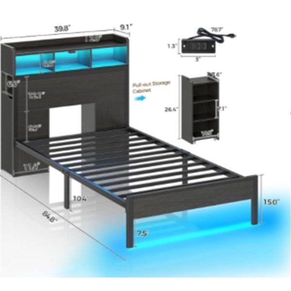 LED Bed Frame with Bookcase Headboard and Pull-Out Storage Cabinets
