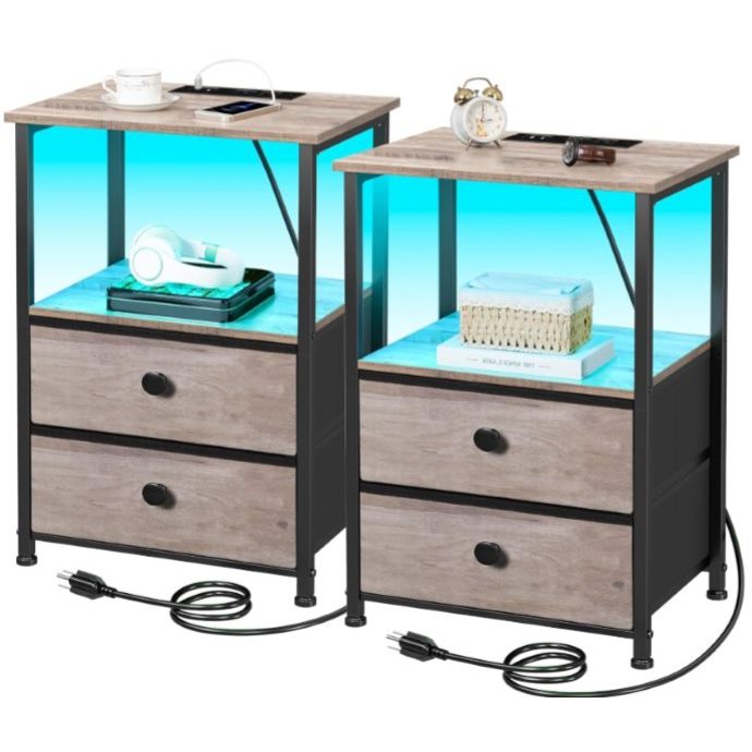 LED Nightstand with 2 Drawers and Built-in Top Outlet