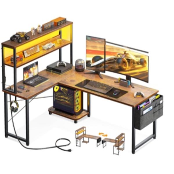 LED L-Shaped Computer Desk / Gaming Desk with Hutch