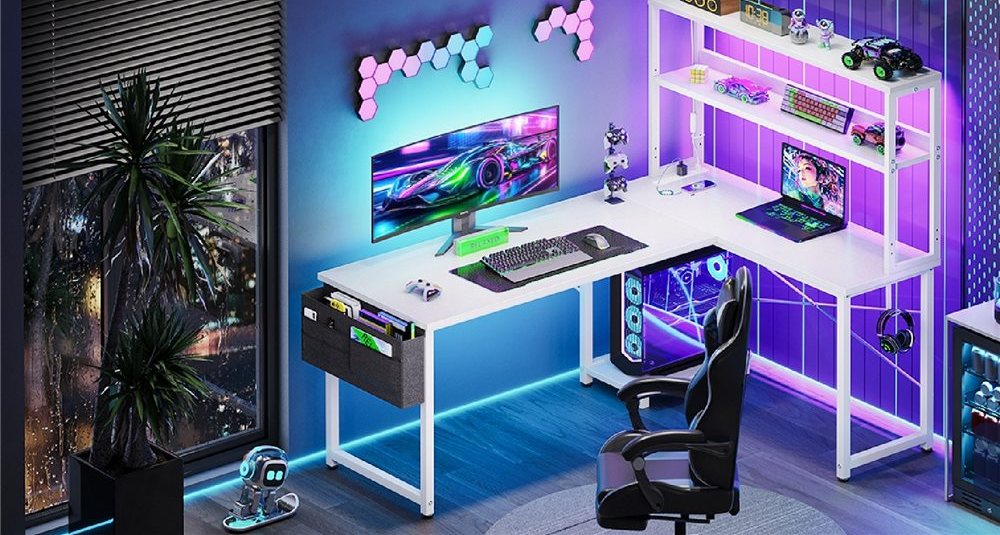 LED L-Shaped Computer Desk / Gaming Desk with Hutch