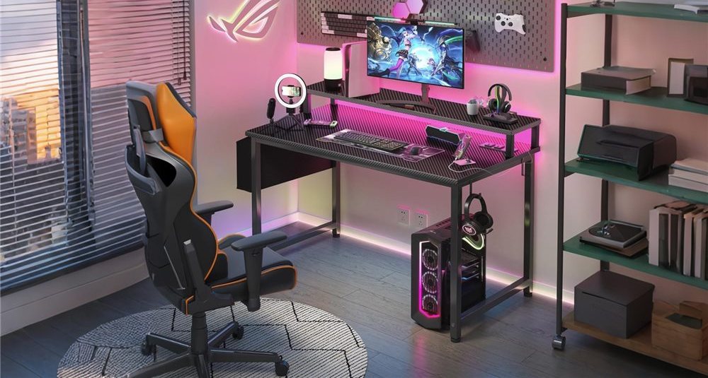 LED Computer Desk / Gaming Desk with Monitor Stand and USB Outlet